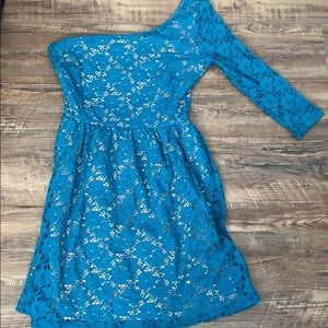 One shoulder blue lace dress